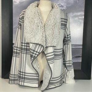 Harper Heritage Ivory Gray Plaid Faux Sherpa Lined Open Front Jacket Sz M